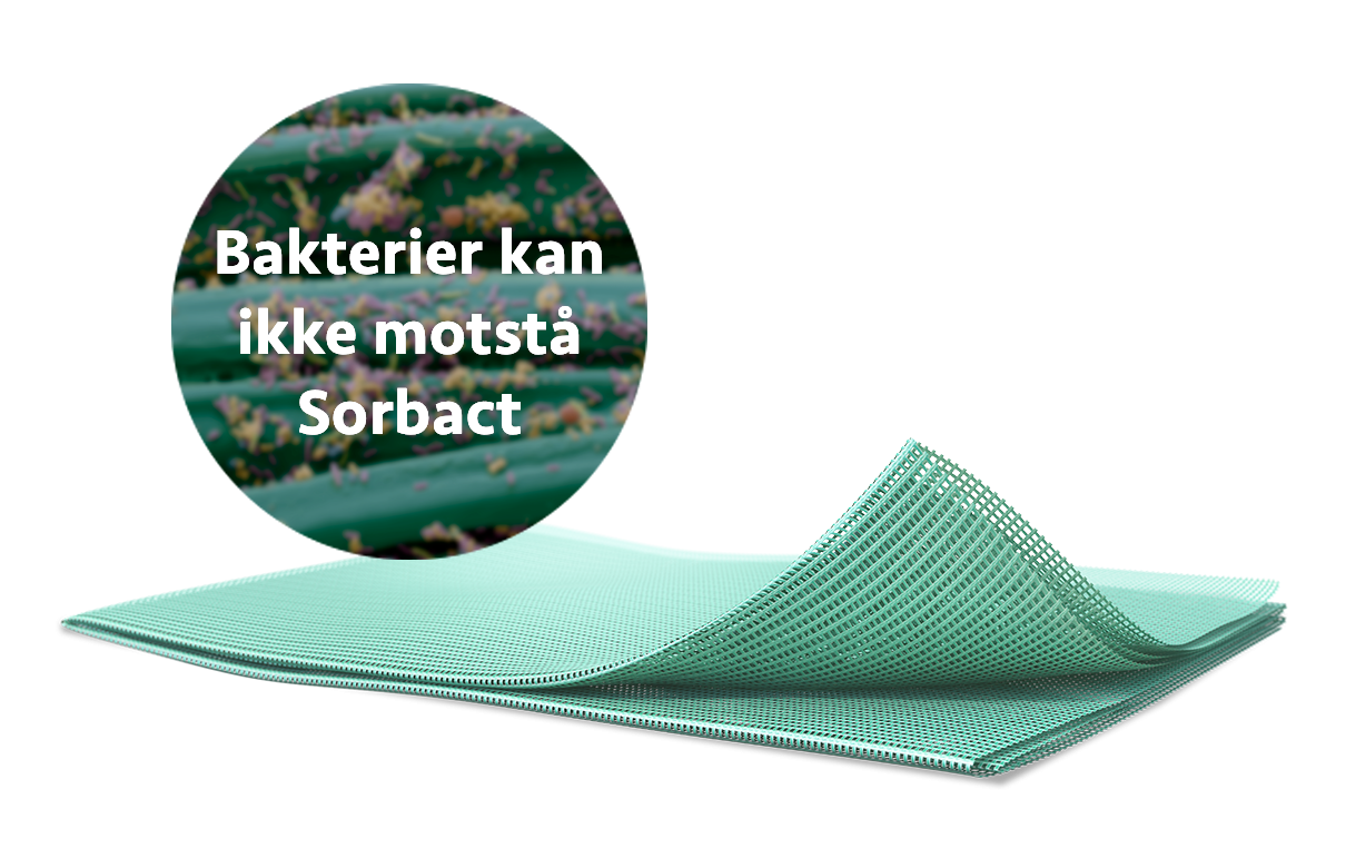 Bilde av Sorbact-bandasje med bakterier i bakgrunnen. Tekst i bildet: Bakterier kan ikke motstå Sorbact.