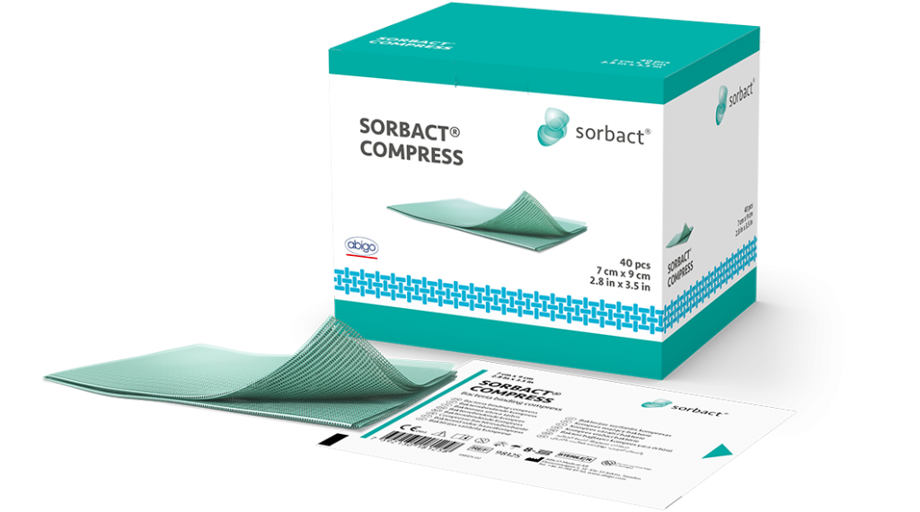 Sorbact Compress single product with primary and secondary product packaging